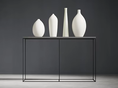 Four White Vases Arranged On Black Metal Frame Table Against Dark Gray Wall 3d model