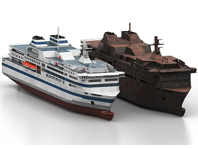 Modern Cruise Ship with White and Blue Stripes Alongside Rusted Old Vessel 3d model