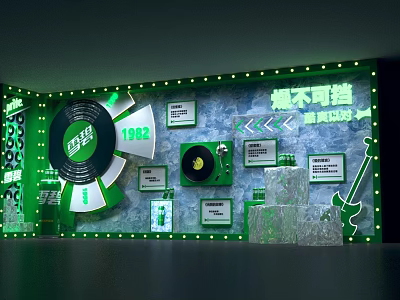 Green Themed Window Display With Neon Lights Vinyl Records 1982 Display Boards And Guitar 3d model