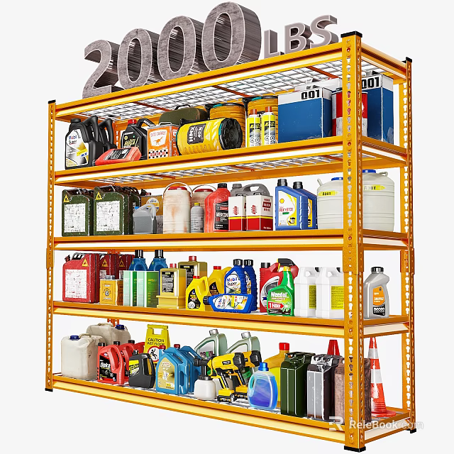 Yellow Metal Shelving Unit With Various Cleaning Supplies And Tool Containers 3d model 