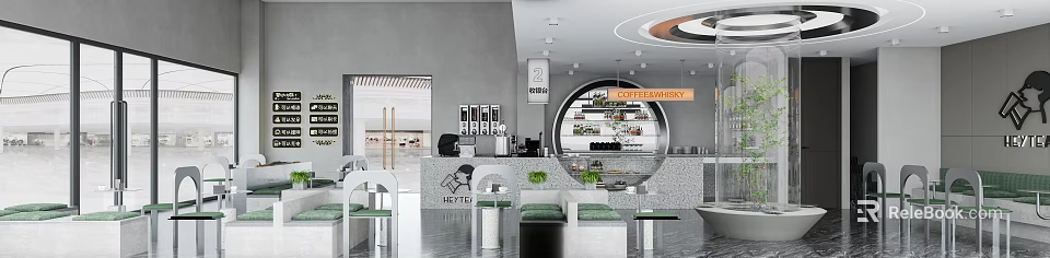 Modern Bubble Tea Shop Interior With Circular Display And Seating 3d model 