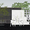 Modern Decorative Garden Wall With Pool Deer Sculptures Sphere Lights And Tree