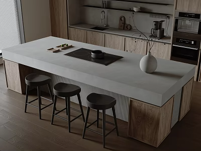 Modern Kitchen Bar Counter With Concrete Top Three Black Stools Wooden Cabinets And White Vase 3d model