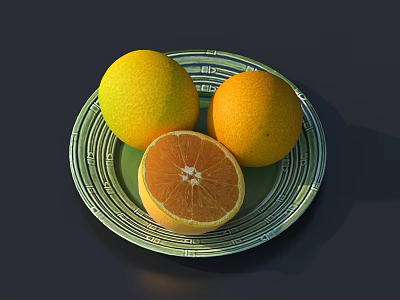 Fresh Ripe Oranges on Green Plate with Whole and Sliced Sections 3d model