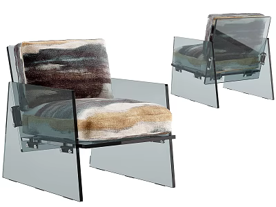Stylish Modern Accent Chair With Transparent Frame And Colorful Patterned Cushion 3d model