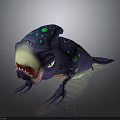 Fantasy Lizard Like Creature Purple Body Green Yellow Spots Sharp Teeth Open Mouth Green Eyes