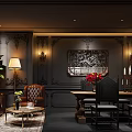 Vintage Café Interior With Dark Walls Leather Sofas Green Plants And Decorative Painting