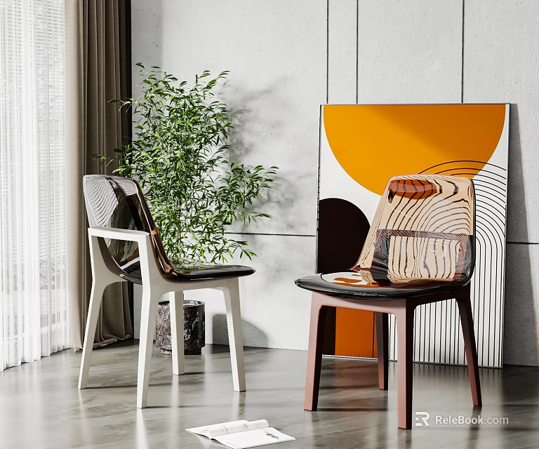 Modern Dining Chairs With Unique Back Design Near Green Plant And Orange Artwork 3d model 