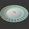 Elegant White Dinner Plate With Blue Gold Decorative Rim And Floral Center Design