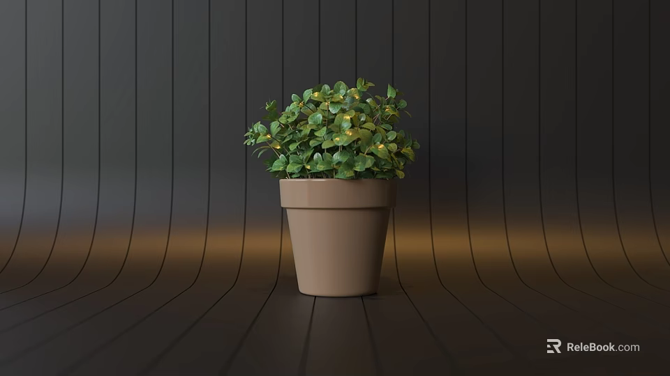 Bonsai Potted Plant with Green Lush Leaves in Brown Ceramic Pot against Dark Wooden Background 3d model 