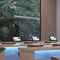 Modern Lobby Interior With Wooden Reception Desks Seating Large Screen Blue Lighting And Plants