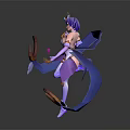 Game Movie Character 3D Model Dynamic Pose With Purple Hair Decorative Outfit And Flowing Ribbons