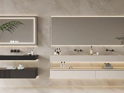 Modern Bathroom Vanity With Double Mirrors LED Lighting Stone Countertops And Toiletries 3d model