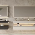 Modern Bathroom Vanity With Double Mirrors LED Lighting Stone Countertops And Toiletries