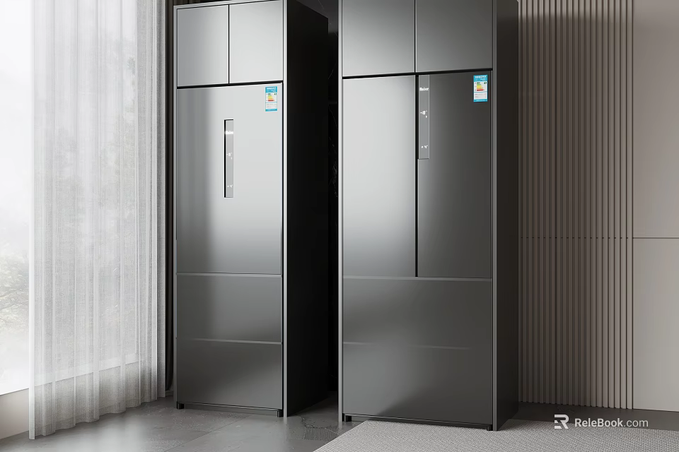 Modern Silver Double Door Refrigerators In Room With Vertical Striped Wall And Curtains 3d model 
