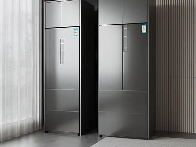 Modern Silver Double Door Refrigerators In Room With Vertical Striped Wall And Curtains 3d model