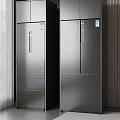 Modern Silver Double Door Refrigerators In Room With Vertical Striped Wall And Curtains
