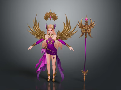 Woman with Golden Wings in Purple Outfit Wearing Golden Headdress Holding Purple Staff 3d model