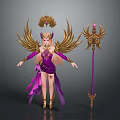 Woman with Golden Wings in Purple Outfit Wearing Golden Headdress Holding Purple Staff