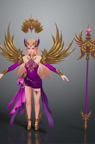 Woman with Golden Wings in Purple Outfit Wearing Golden Headdress Holding Purple Staff 3d model