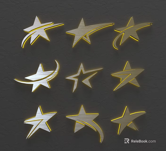 Star Shaped Wall Decor With Different Streamlined Gold And Silver Designs On Dark Textured Walls 3d model 