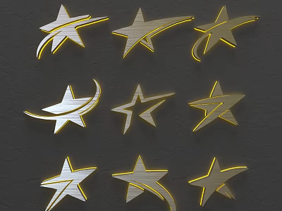 Star Shaped Wall Decor With Different Streamlined Gold And Silver Designs On Dark Textured Walls 3d model