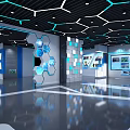 Futuristic Modern Exhibition Hall With Blue Lighting Geometric Ceiling And Interactive Displays 3d model