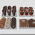 Delicious Assorted Desserts Chocolate Cups Strawberry Cups Donuts Balls And Squares On Trays With Labels