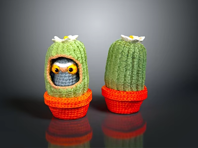 Crocheted Cactus Pots With Adorable Owl Character And Green Plant Design 3d model