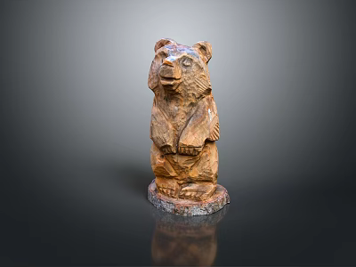 Hand Carved Wooden Bear Sculpture In Standing Pose With Detailed Features 3d model