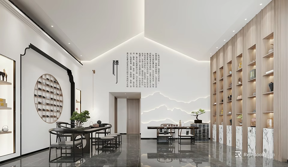 Traditional Chinese Tea House Interior Design With Calligraphy Wall Circular Decor And Wooden Bookshelves 3d model 