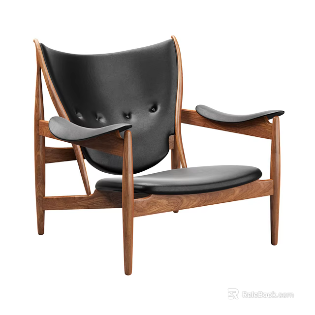 Stylish Black Leather Accent Chair With Walnut Wood Frame And Button Tufted Backrest 3d model 