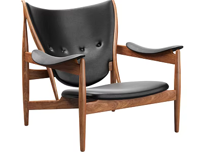 Stylish Black Leather Accent Chair With Walnut Wood Frame And Button Tufted Backrest 3d model