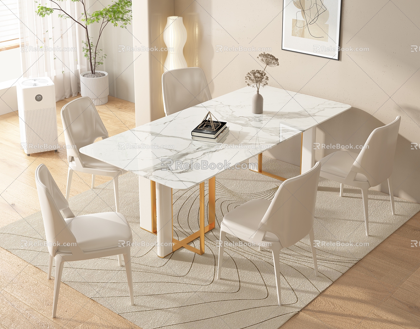 Modern Cream Style Dining Table and Chair Combination Fabric Backrest Chair Book Ornaments Potted Plant Decorative Painting Carpet 3d model