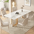 Modern Cream Style Dining Table and Chair Combination Fabric Backrest Chair Book Ornaments Potted Plant Decorative Painting Carpet 3d model