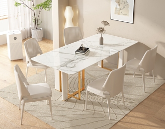 Modern Cream Style Dining Table and Chair Combination Fabric Backrest Chair Book Ornaments Potted Plant Decorative Painting Carpet 3d model