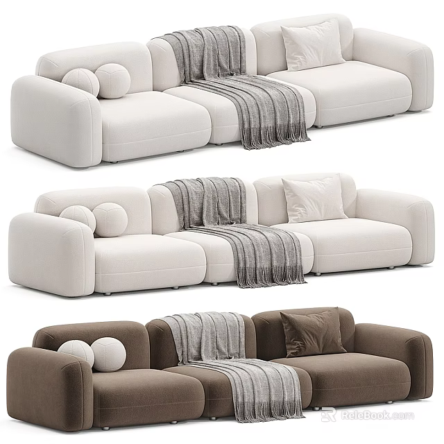 Cozy Sectional Sofa With Cream And Brown Upholstery Pillows And Throw Blanket 3d model 