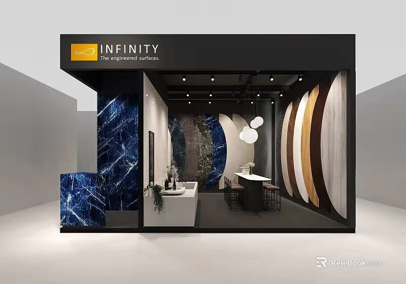 Modern Infinity Exhibition Booth Interior Design With Marble Texture Walls And Lighting 3d model 