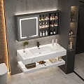 Modern Bathroom Vanity Cabinet With Marble Countertop Sink Mirror Skincare Products And Small Plant