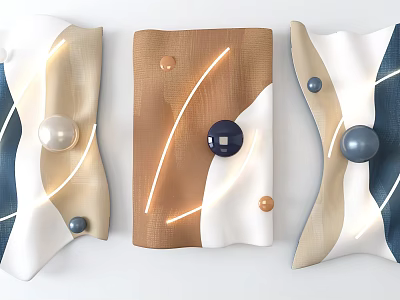 Modern Wall Decor With Wavy Design Beige Brown Blue Tones Spherical Accents And Light Lines 3d model