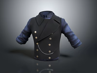 Stylish Black Double Breasted Vest Featuring Blue Sleeves And Chain Detail 3d model