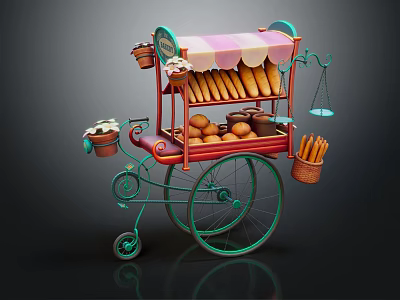 Vintage Functional Mobile Bakery Cart With Striped Awning Baguettes Bread Loaves And Flower Pots 3d model