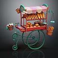 Vintage Functional Mobile Bakery Cart With Striped Awning Baguettes Bread Loaves And Flower Pots