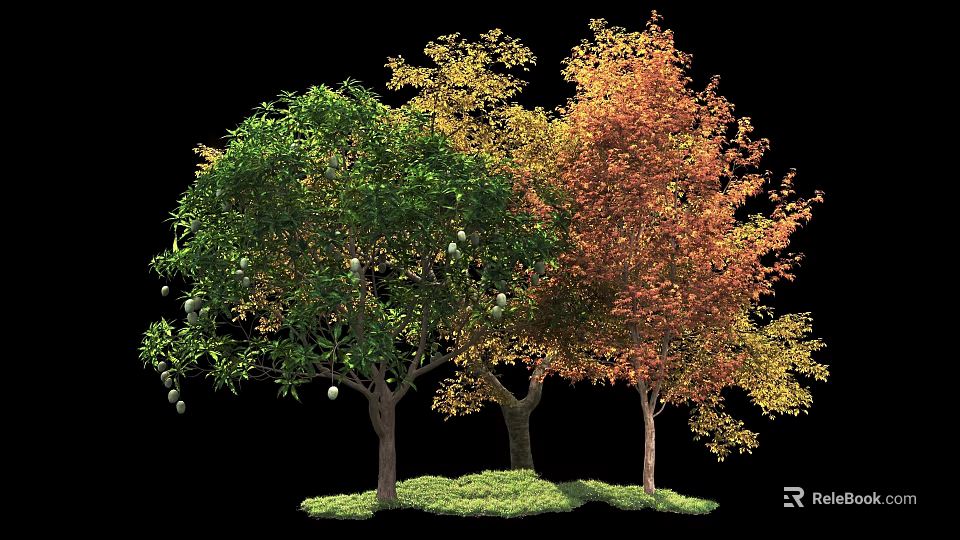 Three Arbor Trees Displaying Green Gold Red Foliage And Lush Grass Around Brown Trunks 3d model 