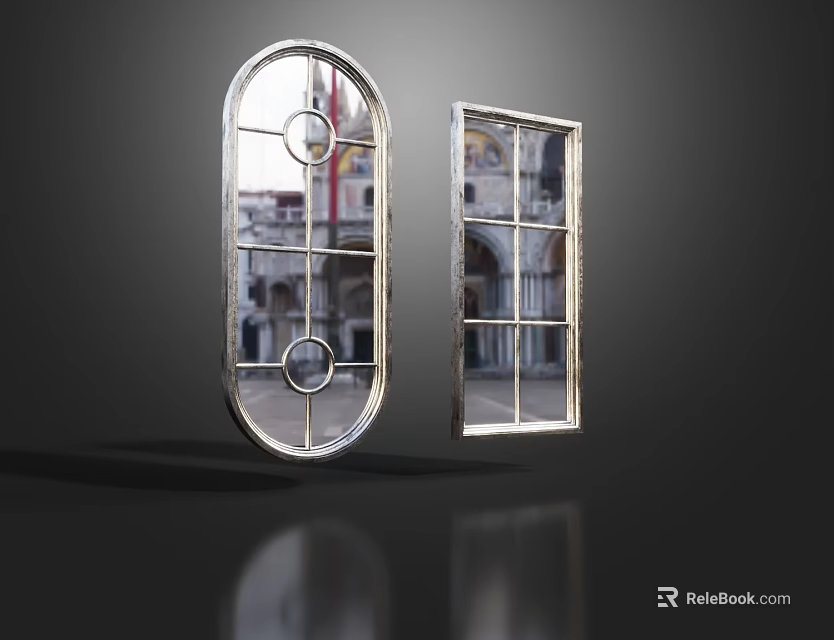 Two Casement Windows With Oval Rectangular Shapes Metal Frame Grid Glass Design 3d model 