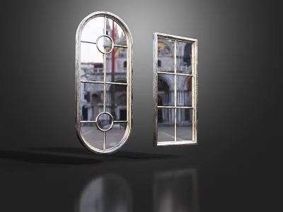 Two Casement Windows With Oval Rectangular Shapes Metal Frame Grid Glass Design 3d model