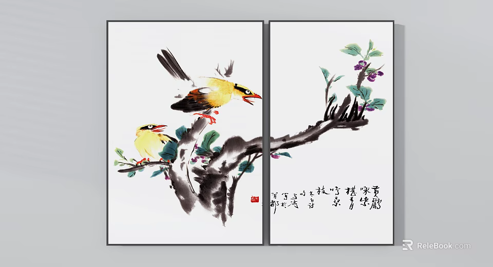 Traditional Plant Painting With Birds Branches Leaves And Purple Fruits With Chinese Calligraphy 3d model 
