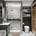 Modern Bathroom Interior Design With Black Tiled Walls Glass Shower White Toilet And Wooden Cabinets