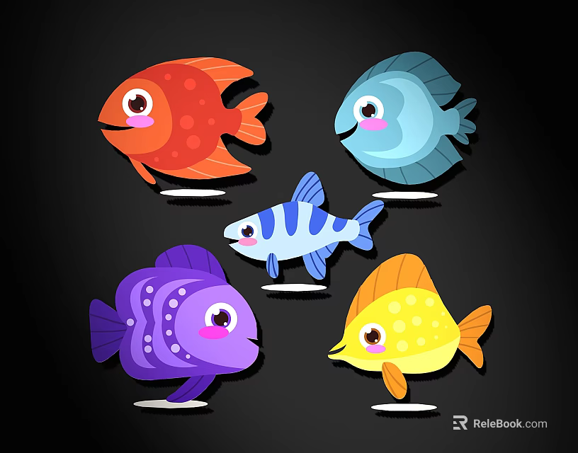 Cute Colorful Cartoon Fish Wall Decor With Smiling Faces And Different Hues 3d model 