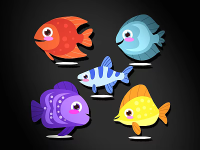 Cute Colorful Cartoon Fish Wall Decor With Smiling Faces And Different Hues 3d model